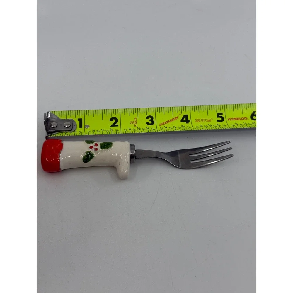 Vintage Christmas Boot Appetizer Fork Stainless Japan Holly Berry Ceramic Handle